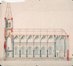 Eglise, coupe longitudinale : dessin de l'architecte Delefortrie