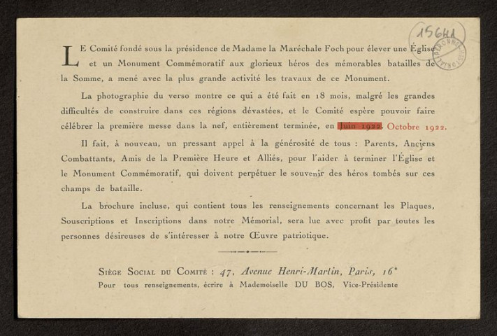 ETAT DES TRAVAUX DE L'EGLISE DE RANCOURT - BOUCHAVESNES - SAILLY-SAILLISEL EN MARS 1922