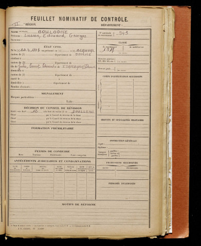 Boulogne, Lucien Edouard Georges, né le 22 avril 1897 à Beauval (Somme), classe 1917, matricule n° 943, Bureau de recrutement d'Abbeville