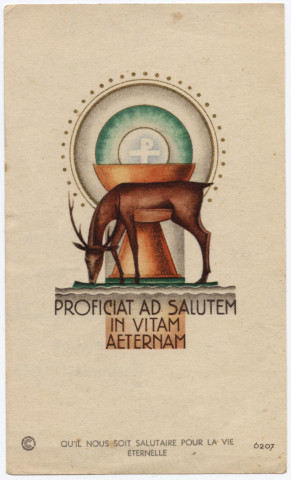 Un cerf s'abreuvant à un calice. Renouvellement de Jeanine Foré, le 4 juin 1960 en l'église de la Sainte Famille