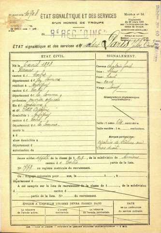 Paris, Jules Omésime, né le 06 avril 1893 à Daours (Somme), classe 1913, matricule n° 779, Bureau de recrutement d'Amiens