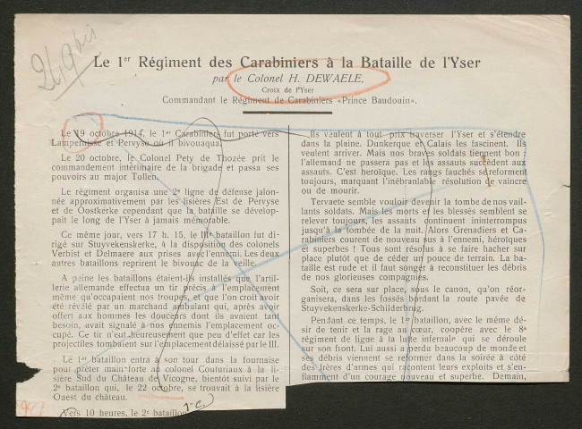 Témoignage de Dewaele, H. (Colonel) et correspondance avec Jacques Péricard