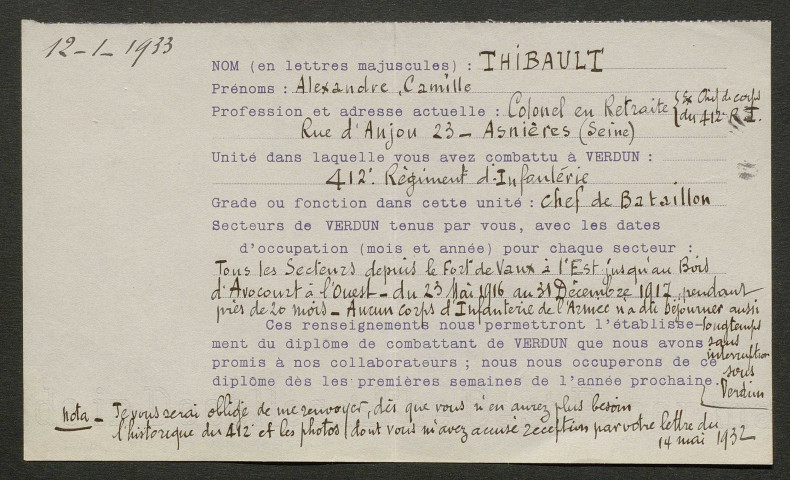 Témoignage de Thibault, Alexandre Camille (Chef de bataillon) et correspondance avec Jacques Péricard