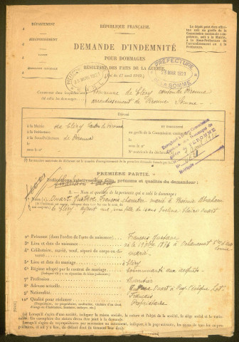 Cléry-sur-Somme. Demande d'indemnisation des dommages de guerre : dossier Ouart-Abraham