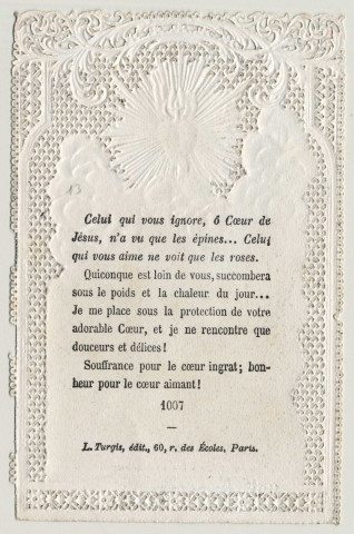 Image pieuse dentelle. Les épines de la terre et les roses du ciel. Mon coeur change en joies les douleurs que l'âme résignée endure. Le Sacré Coeur de Jésus