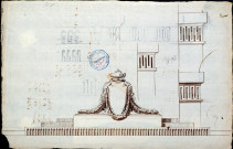 Projet de salle de spectacle, rue des Trois-Cailloux : croquis préparatoire de blason armorié ornant la façade principale, dressé par l'architecte Rousseau