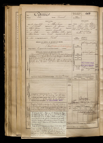 Camus, Victor, né le 10 juin 1872 à Villers-Faucon (Somme), classe 1892, matricule n° 668, Bureau de recrutement de Péronne