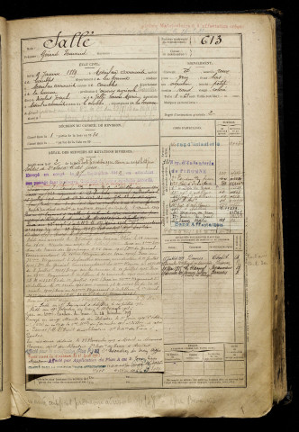 Sallé, Gérard Fernand, né le 09 janvier 1889 à Mesnil-en-Arrouaise (Somme), classe 1909, matricule n° 613, Bureau de recrutement de Péronne