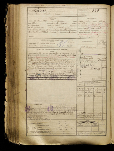 Lucas, Henri Paul, né le 26 mai 1889 à Amiens (Somme), classe 1909, matricule n° 348, Bureau de recrutement d'Amiens