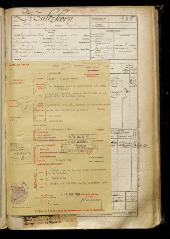 Maltzkorn, Gaston Charles, né le 24 février 1893 à Hardecourt-aux-Bois (Somme), classe 1913, matricule n° 335, Bureau de recrutement de Péronne