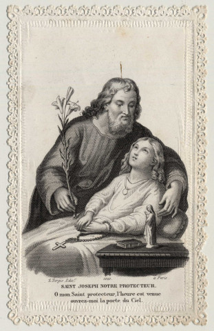 Image pieuse dentelle. Saint Joseph notre protecteur. Ô mon Saint protecteur, l'heure est venue ouvrez-moi la porte du Ciel. Saint Joseph