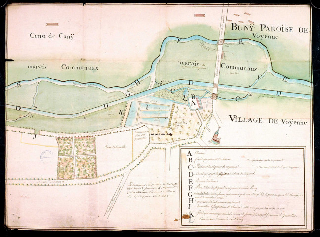 Plan de distribution des eaux de la rivière de Somme et du canal, figurant la cense-de-Cany, le bois, les prés et marais communaux, le village, le château et les étangs