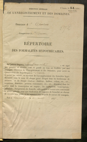 Répertoire des formalités hypothécaires, du 27/10/1857 au 30/02/1858, registre n° 172 (Péronne)