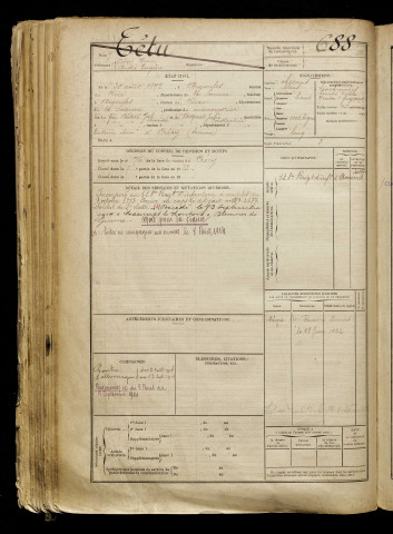 Tétu, Désiré Henri André Eugène, né le 30 août 1892 à Argoules (Somme), classe 1912, matricule n° 688, Bureau de recrutement d'Abbeville