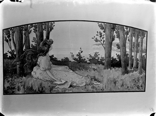 Aquarelle représentant une jeune femme assise dans un bois côtier regardant la mer et les falaises