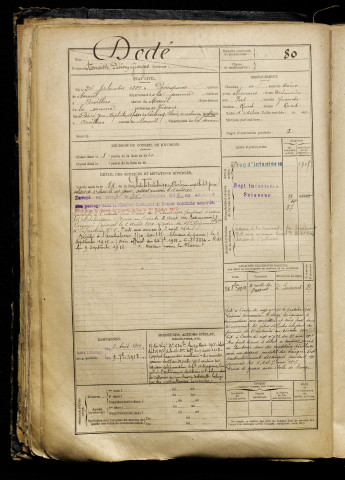 Dodé, Narcisse Désiré Georges, né le 24 septembre 1889 à Pierrepont-sur-Avre (Somme), classe 1909, matricule n° 80, Bureau de recrutement de Péronne