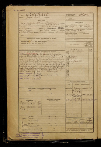 Auchart, Joseph Louis, né le 05 septembre 1901 à Bucquoy (Pas-de-Calais), classe 1921, matricule n° 1504, Bureau de recrutement d'Abbeville