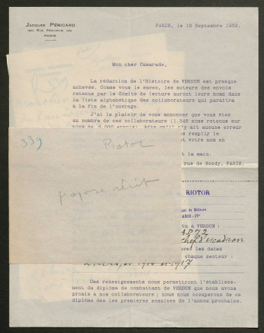 Témoignage de Riotor, Léon (Capitaine, chef d'escadron) et correspondance avec Jacques Péricard