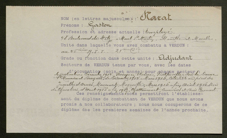 Témoignage de Narat, Gaston (Adjudant) et correspondance avec Jacques Péricard