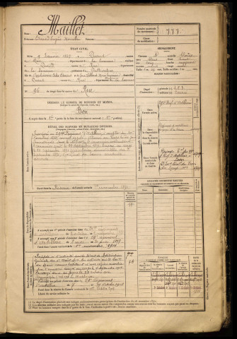 Maillet, Edouard Eugène Marcellin, né le 09 janvier 1867 à Quend (Somme), classe 1887, matricule n° 777, Bureau de recrutement d'Abbeville