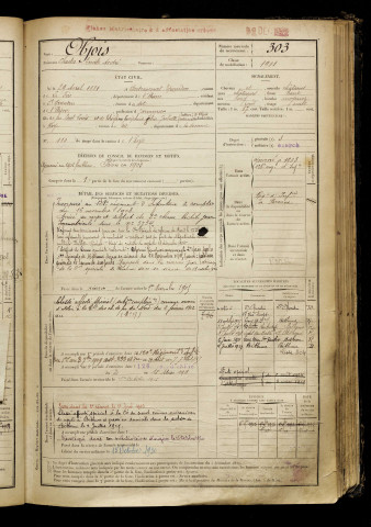 Objois, Charles Emile André, né le 29 avril 1881 à Bertaucourt-Epourdon (Aisne), classe 1901, matricule n° 303, Bureau de recrutement de Péronne