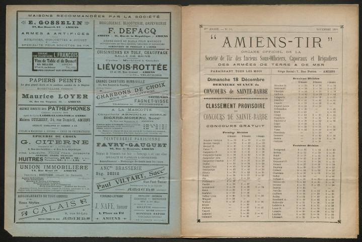 Amiens-tir, organe officiel de l'amicale des anciens sous-officiers, caporaux et soldats d'Amiens, numéro 11 (novembre 1910)