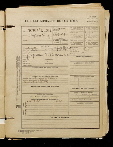 Braillon, Ildephonse Furcy, né le 27 février 1891 à Lamotte-Warfusée (Somme), classe 1911, matricule n° 657, Bureau de recrutement d'Amiens