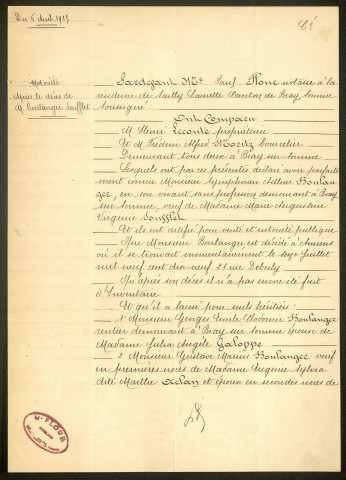 Bray-sur-Somme. Demande d'indemnisation des dommages de guerre : dossier Boulanger Arthur