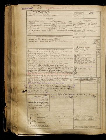Gamain, Maurice Charles Oscar, né le 19 février 1899 à Marconne (Pas-de-Calais), classe 1919, matricule n° 388, Bureau de recrutement de Péronne