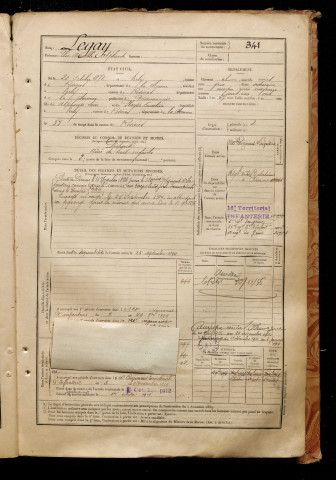 Legay, Elie Aimable Alphonse, né le 20 octobre 1872 à Vrély (Somme), classe 1892, matricule n° 341, Bureau de recrutement de Péronne