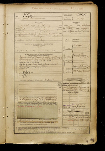 Eloy, Optat Léon Edouard, né le 22 octobre 1877 à Étinehem (Somme), classe 1897, matricule n° 1096, Bureau de recrutement de Péronne