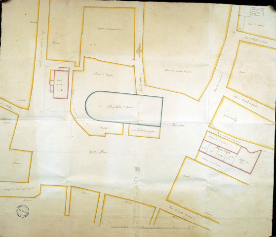 Projet de reconstruction de l'hôtel de ville et des prisons royales : plan de la place du grand marché figurant l'emprise de l'église Saint-FLorent