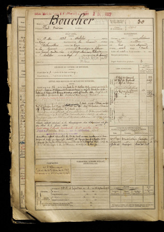 Boucher, Paul Onésime, né le 13 mai 1888 à Balâtre (Somme), classe 1908, matricule n° 30, Bureau de recrutement de Péronne