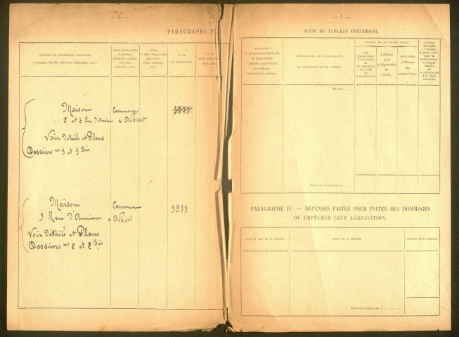Albert. Demande d'indemnisation des dommages de guerre : dossier Tempelaère-Demarquet