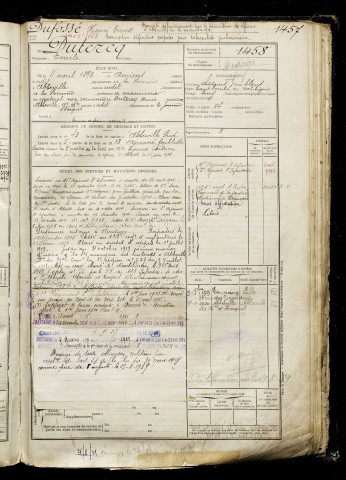 Dufossé, Henri Ernest, classe 1913, matricule n° 1457, Bureau de recrutement d'Amiens