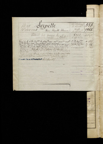 Serpette, Henri Léopold Etienne, né le 02 avril 1885 à Beaucourt-en-Santerre (Somme), classe 1905, matricule n° 959, Bureau de recrutement de Péronne