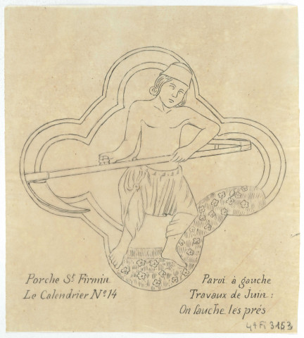 Cathédrale d'Amiens, porche Saint-Firmin, le calendrier n°14, paroi à gauche, travaux de juin : on fauche les près
