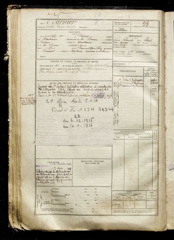 Warnier, Arthur Georges Marcel, né le 06 octobre 1894 à Piennes-Onvillers (Somme), classe 1914, matricule n° 98, Bureau de recrutement de Péronne