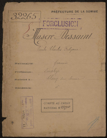 Cléry-sur-Somme. Demande d'indemnisation des dommages de guerre : dossier Mascré-Dessaint