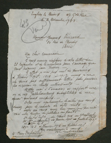 Témoignage de Dufailly, Henri et correspondance avec Jacques Péricard