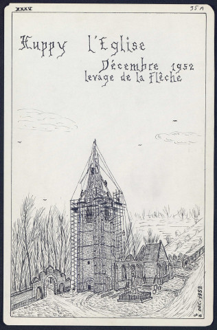 Huppy, l'église : lavage de la flèche (décembre 1952) - (Reproduction interdite sans autorisation - © Claude Piette)