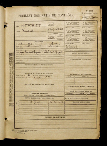 Herbet, Fernand, né le 28 novembre 1892 à Amiens (Somme), classe 1912, matricule n° 1030, Bureau de recrutement d'Amiens