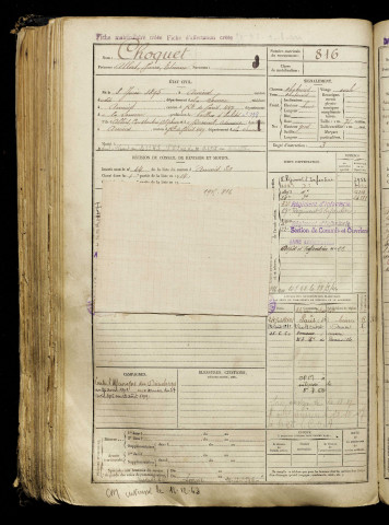 Choquet, Albert Pierre Etienne, né le 08 juin 1895 à Amiens (Somme), classe 1915, matricule n° 816, Bureau de recrutement d'Amiens