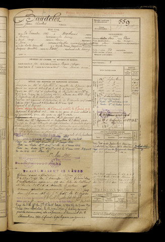 Baudelot, Jean Charles, né le 30 décembre 1897 à Moislains (Somme), classe 1917, matricule n° 559, Bureau de recrutement de Péronne