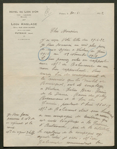 Témoignage de Anglade, Léon et correspondance avec Jacques Péricard