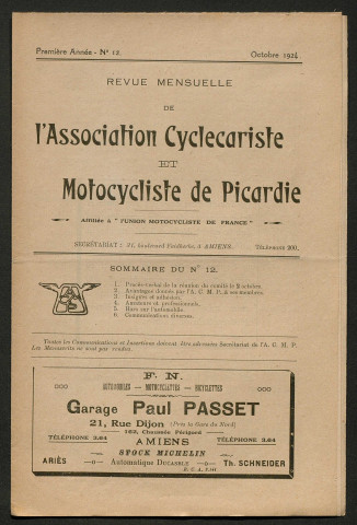 Revue mensuelle de l'association cyclecariste et motocycliste de Picardie - 2e année, numéro 12