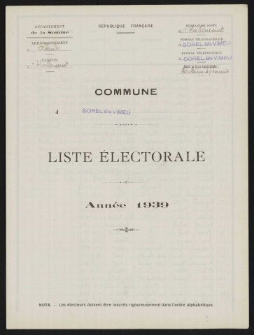 Liste électorale : Sorel-en-Vimeu