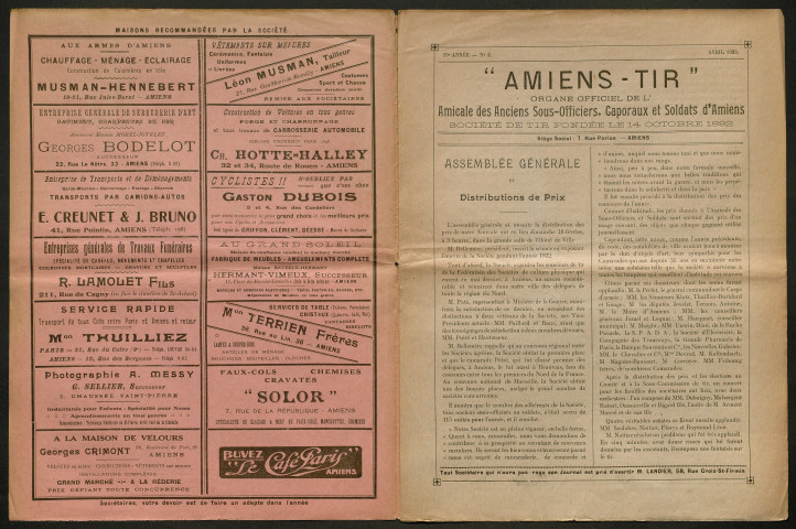 Amiens-tir, organe officiel de l'amicale des anciens sous-officiers, caporaux et soldats d'Amiens, numéro 2 (avril 1923)