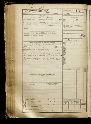 Courthéoux, Roger Paul, né le 07 décembre 1896 à Fescamps (Somme), classe 1916, matricule n° 176, Bureau de recrutement de Péronne