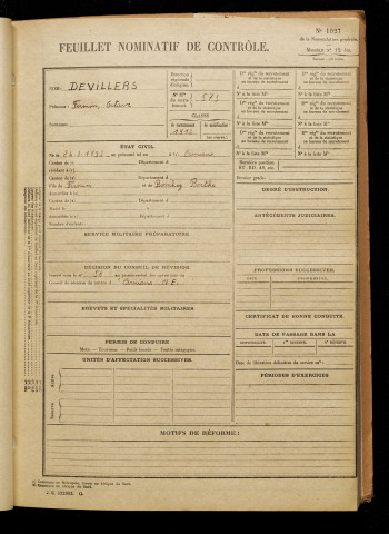 Devillers, Firmin Octave, né le 24 mars 1893 à Amiens (Somme), classe 1913, matricule n° 573, Bureau de recrutement d'Amiens
